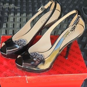 Guess Shiny Black Slingback Heels